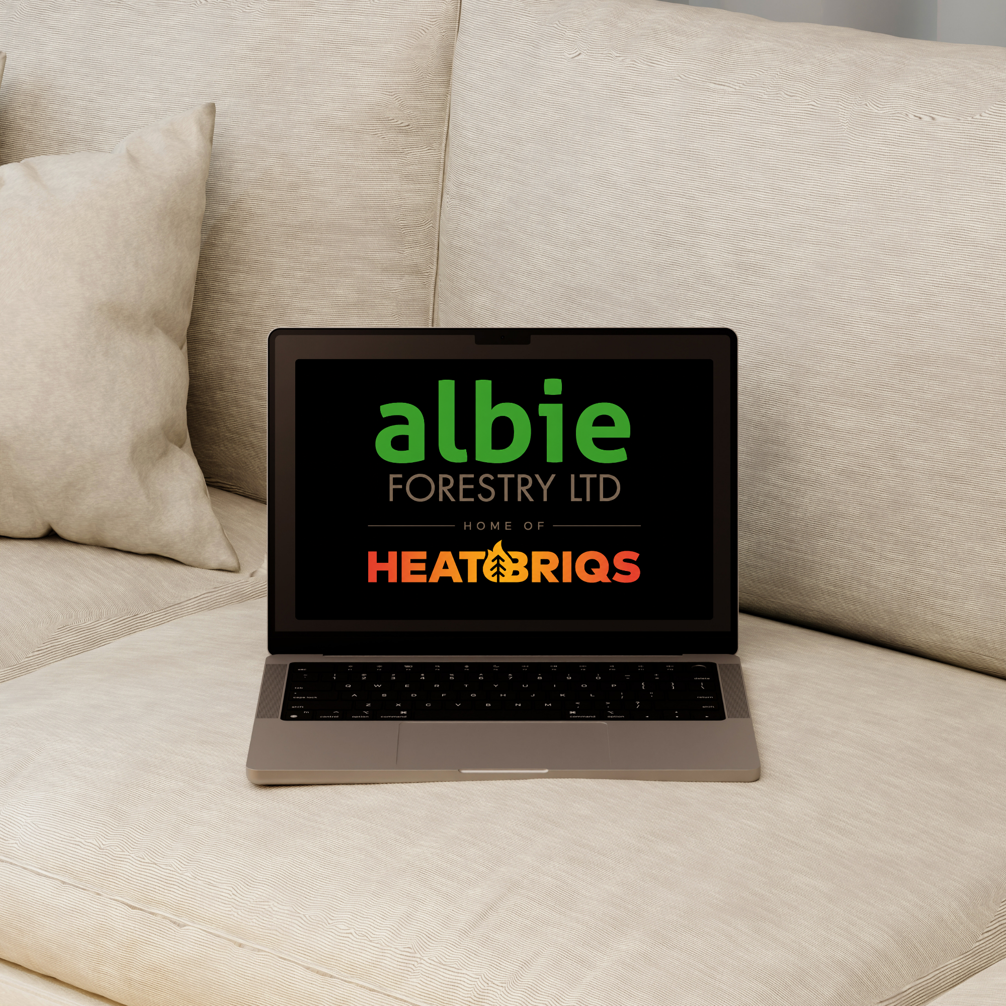 Laptop mockup showing HeatBriqs and Albie Forestry Ltd logo on the screen.