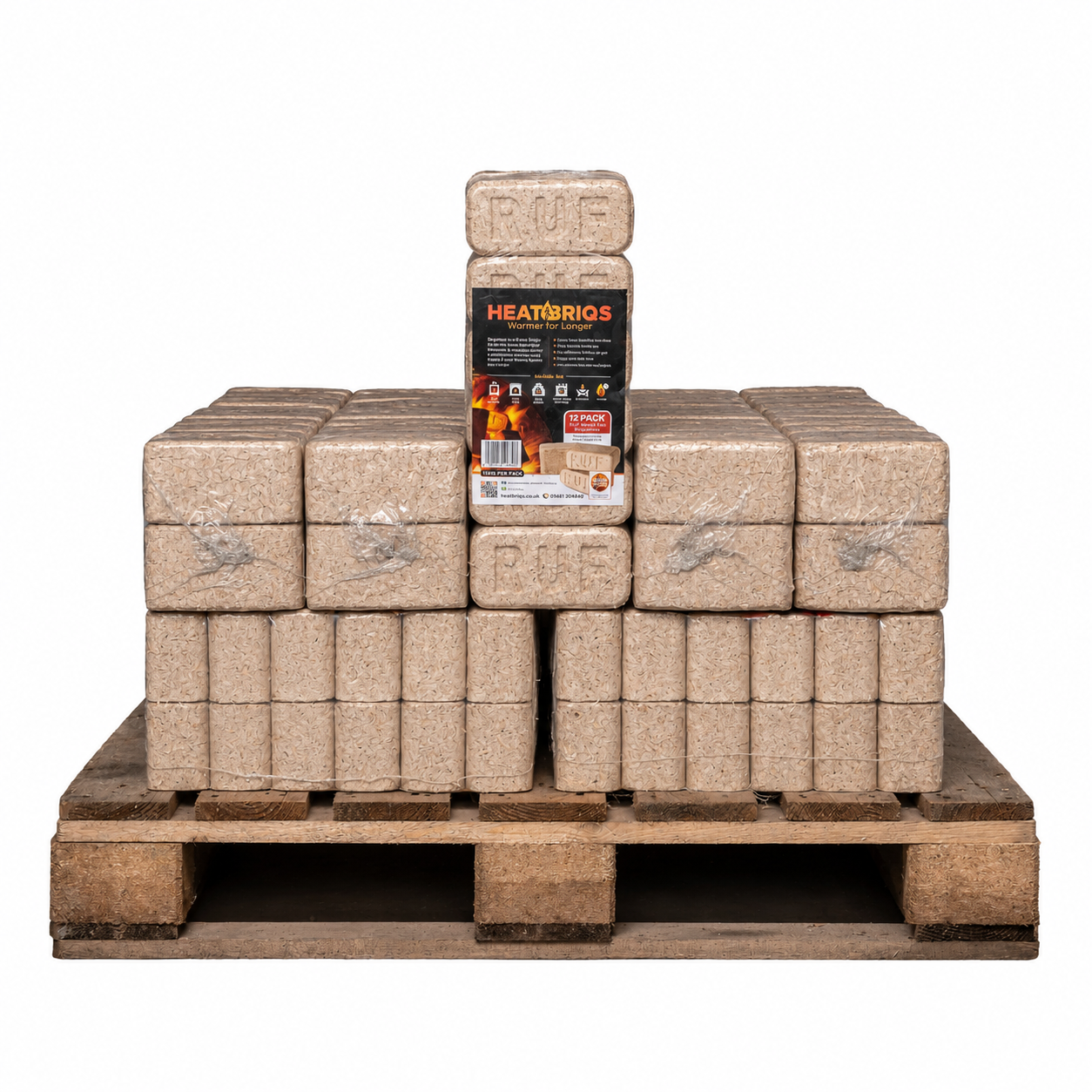 Wooden Pallet containing 24 packs of 12 firewood briquettes.