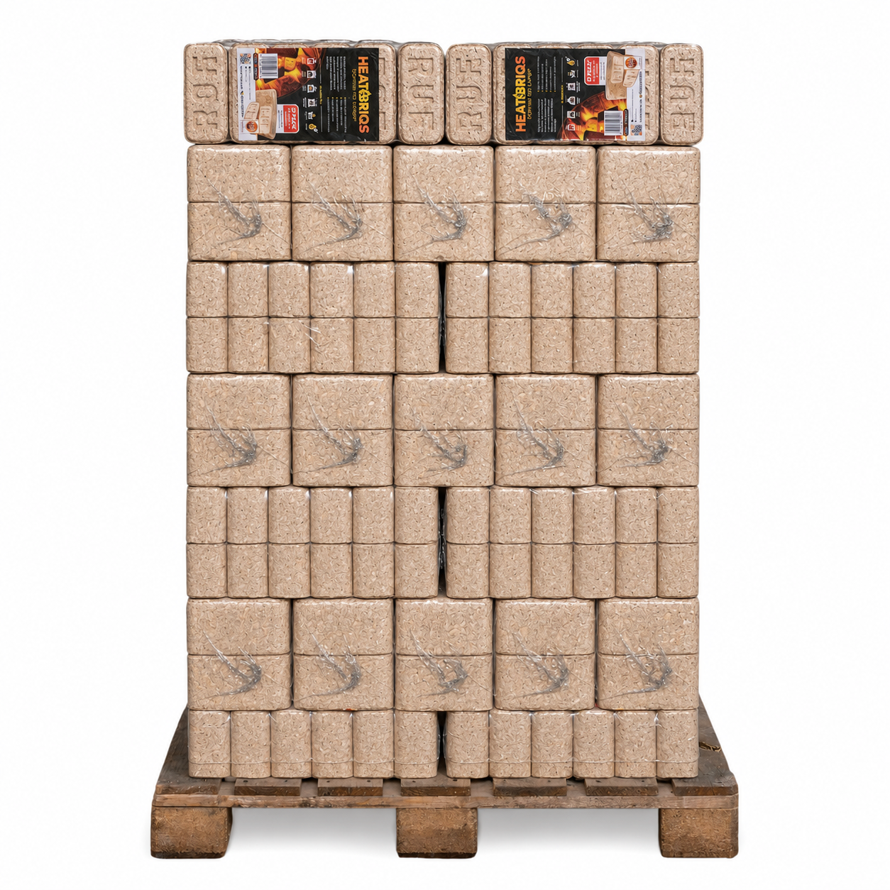 Wooden pallet containing 96 packs of 12 firewood briquettes.