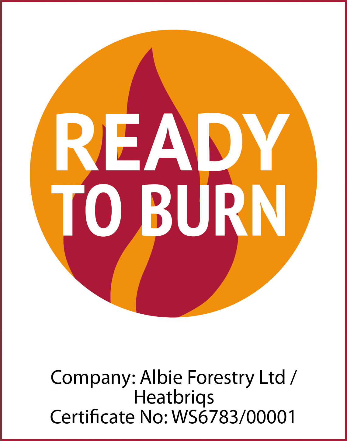 Logo with 'READY TO BURN' text and a flame design, featuring Albie Forestry Ltd and HeatBriqs.