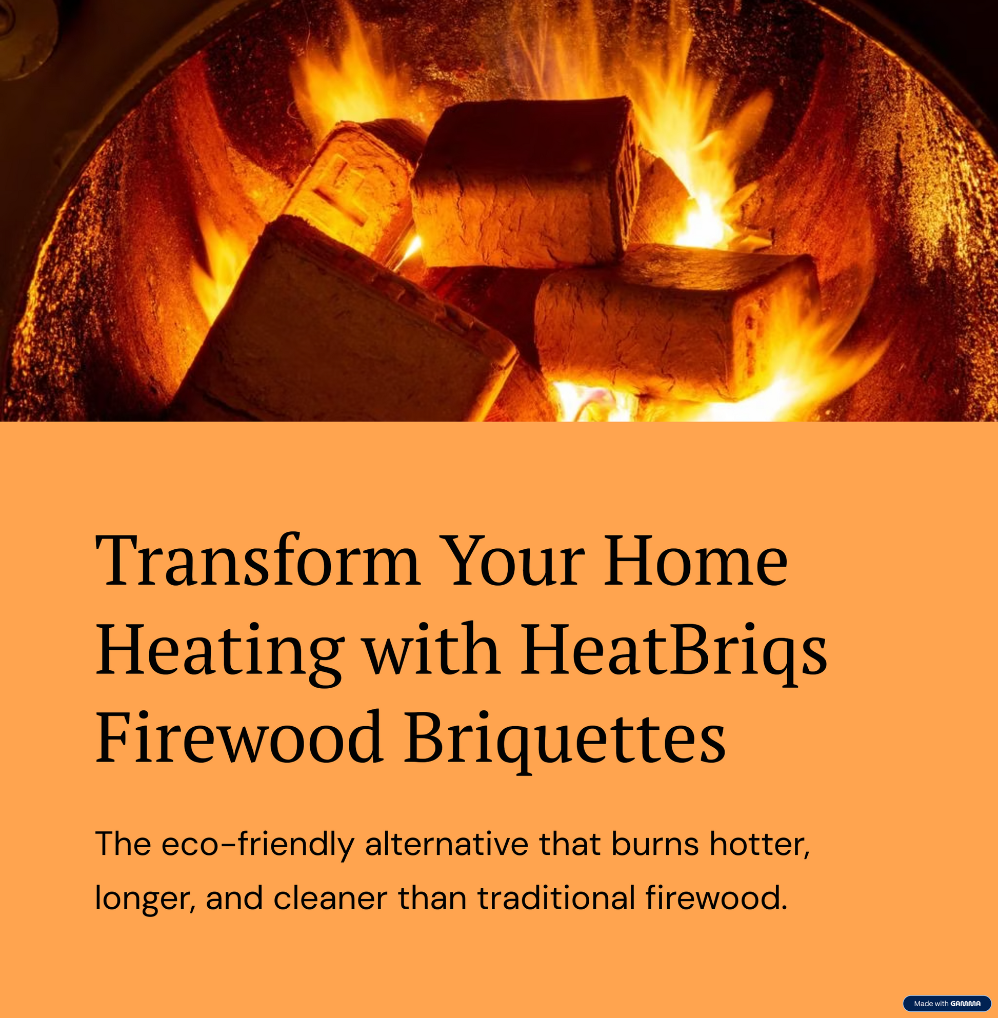Firewood briquettes burning in a fire pit with promotional text about HeatBriqs firewood briquettes.