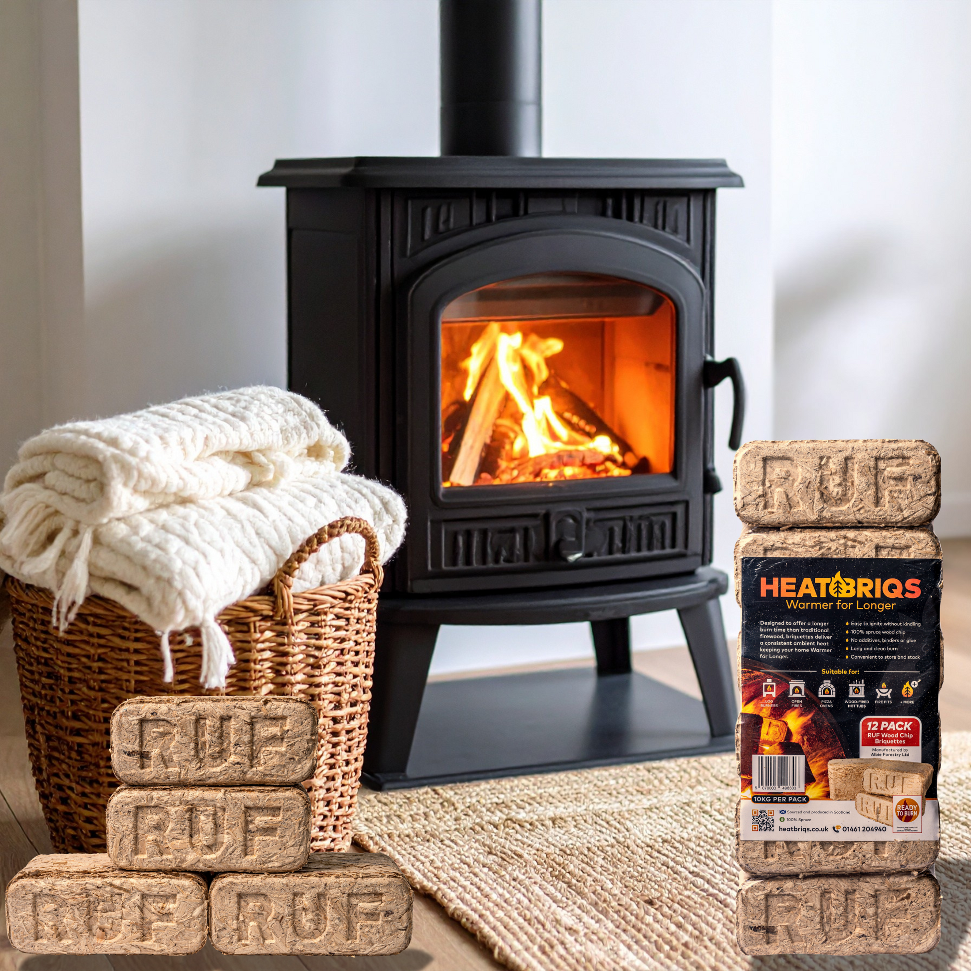 Wood-burning stove with fire lit, surrounded by RUF branded firelogs and a basket of white towels.