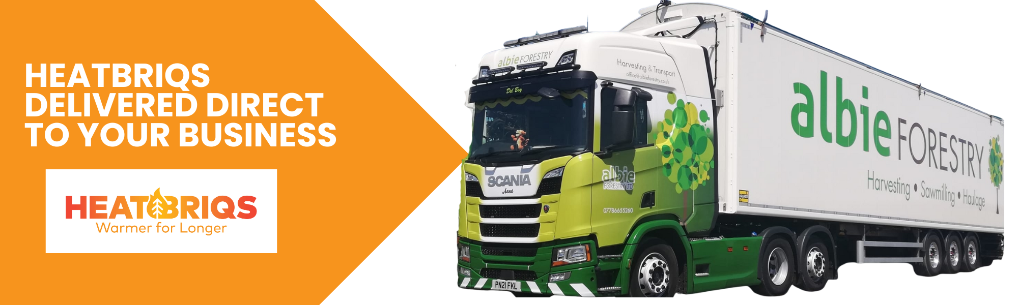 Truck with 'Albie Forestry' branding and Heatbriqs logo on an orange background.