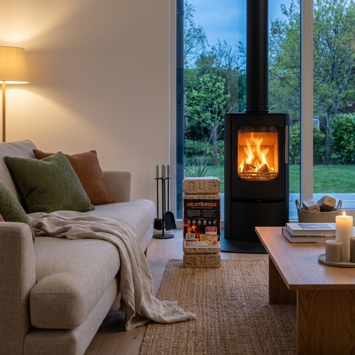 Cosy living room with a fireplace, sofa, and large windows.