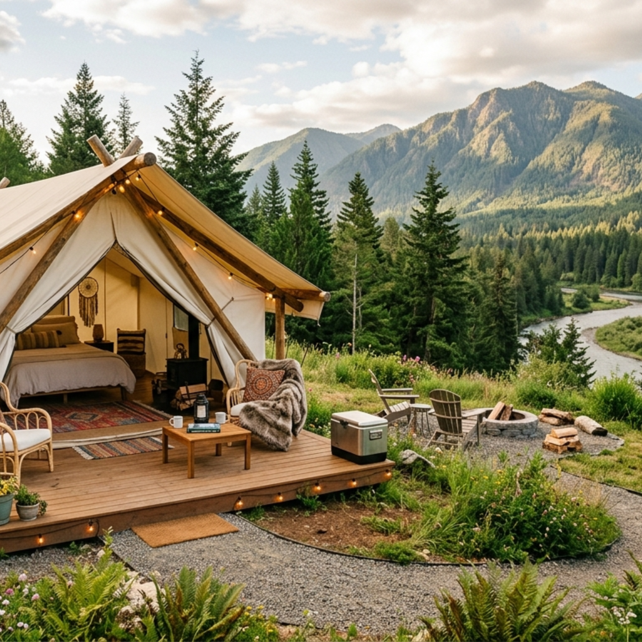 Glamorous tent with wooden deck, furniture, and fire pit in a mountainous forest setting.