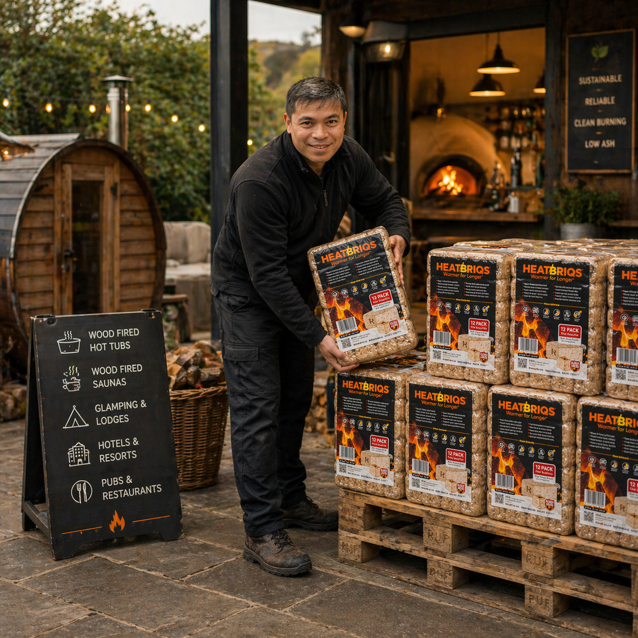 Man holding HeatBriqs Firewood Briquettes packaging in front of a wooden pallet with more boxes, outdoor setting with fireplace.