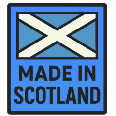 Blue and while flag with "Made in Scotland" thereon.
