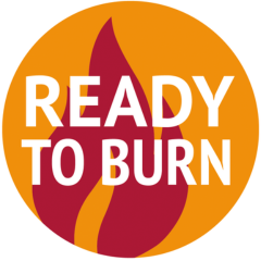 Logo with 'Ready to Burn' text and flame design on an orange background
