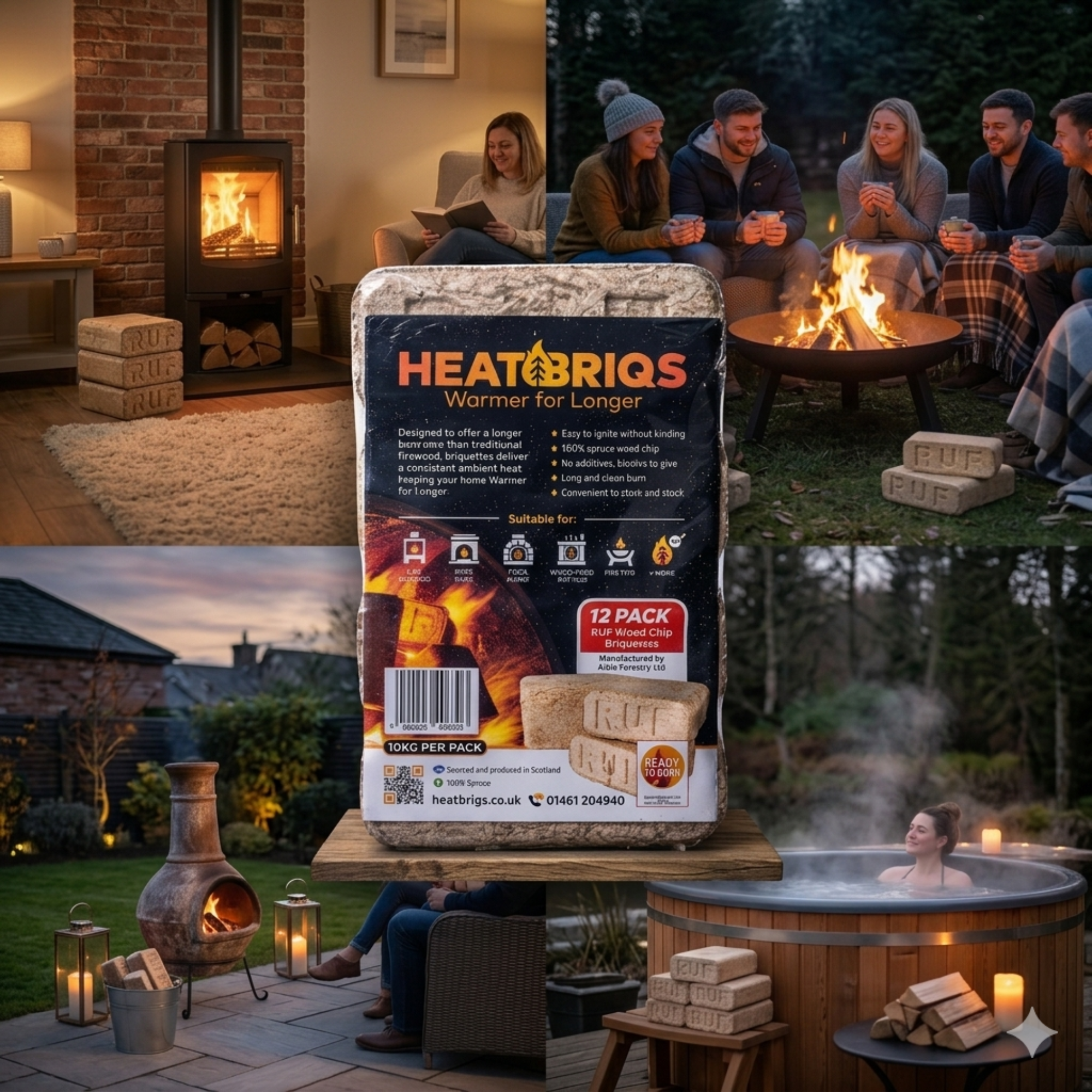 HeatBriqs packaging with people around a fire pit and hot tub, and a fireplace in the background.