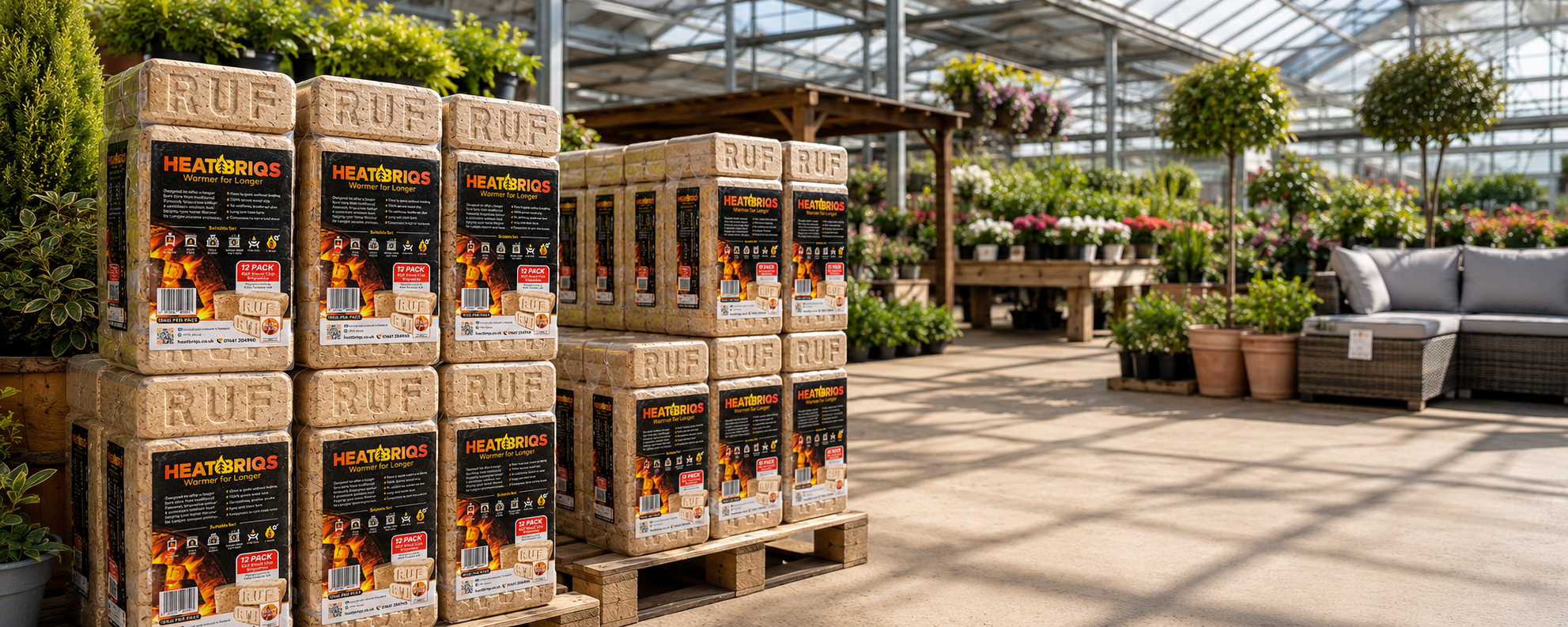 HeatBriqs RUF wood briquettes on display in garden centre.