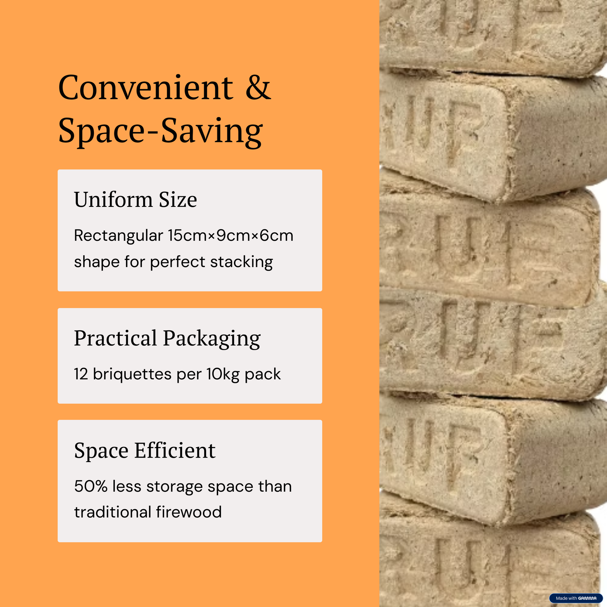 Stack of briquettes with text on a bright orange background