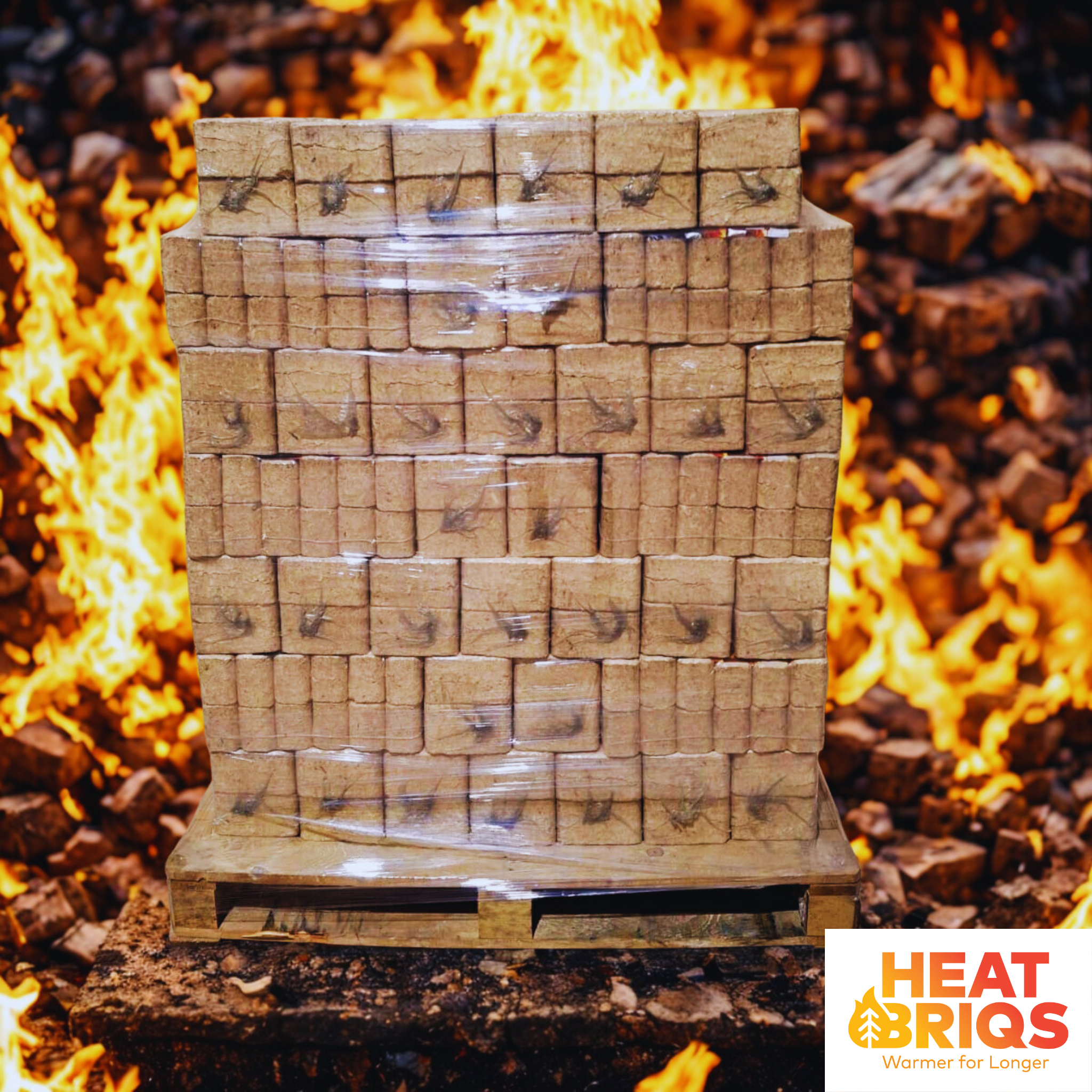 Full pallet Heat Briqs firewood briquettes on a pallet with flames in the background, featuring the Heatbriqs logo.