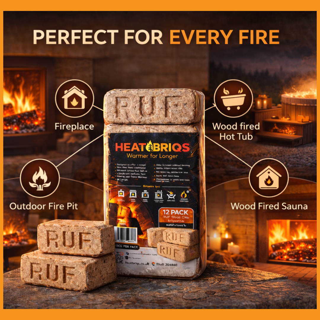 RUF Heatbriqs packaging with fireplace and outdoor fire pit images on an orange background