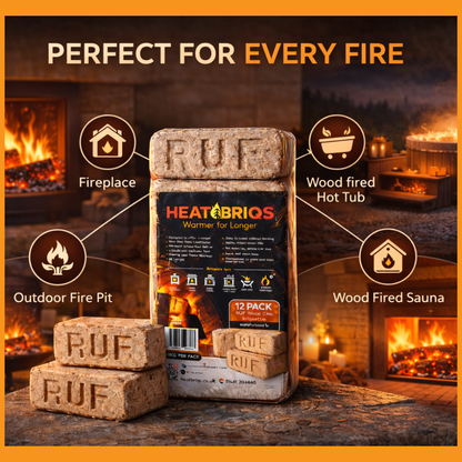 RUF Heatbriqs packaging with fireplace and outdoor fire pit images on an orange background