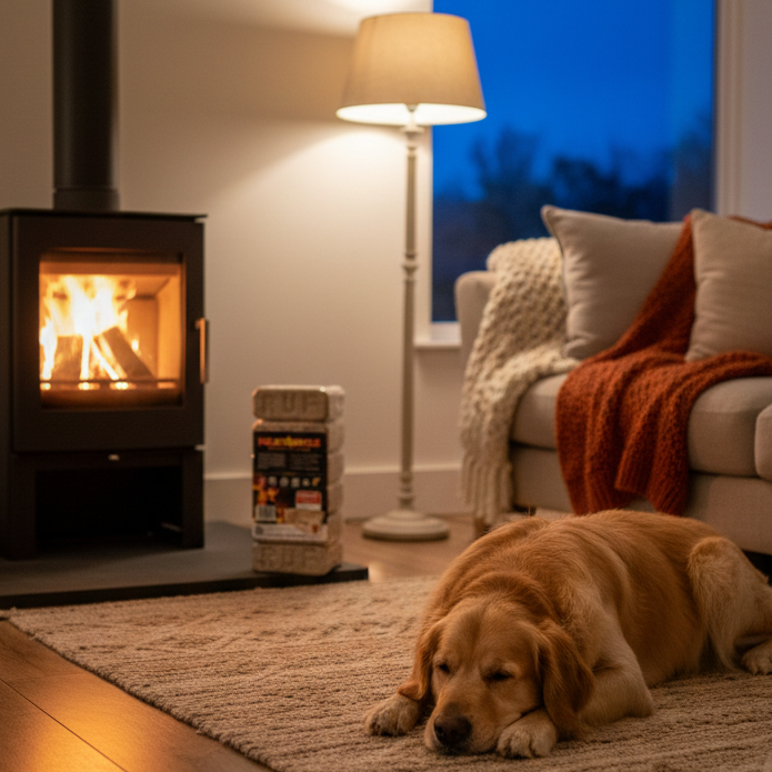 Dog lying on a rug in front of a lit fireplace in a cozy living room.