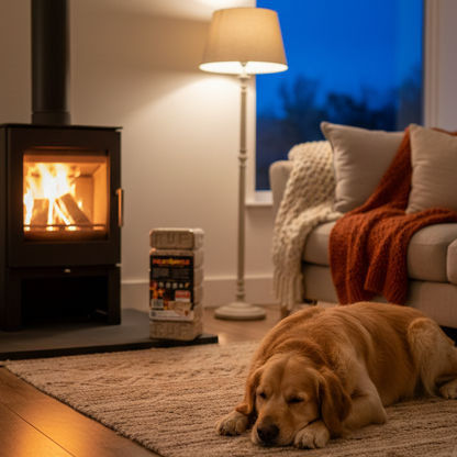 Dog lying on a rug in front of a lit fireplace in a cozy living room.