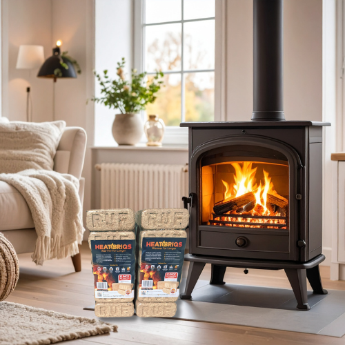 Wood-burning stove with Heatbriqs firewood briquettes next to it in a cozy living room setting.