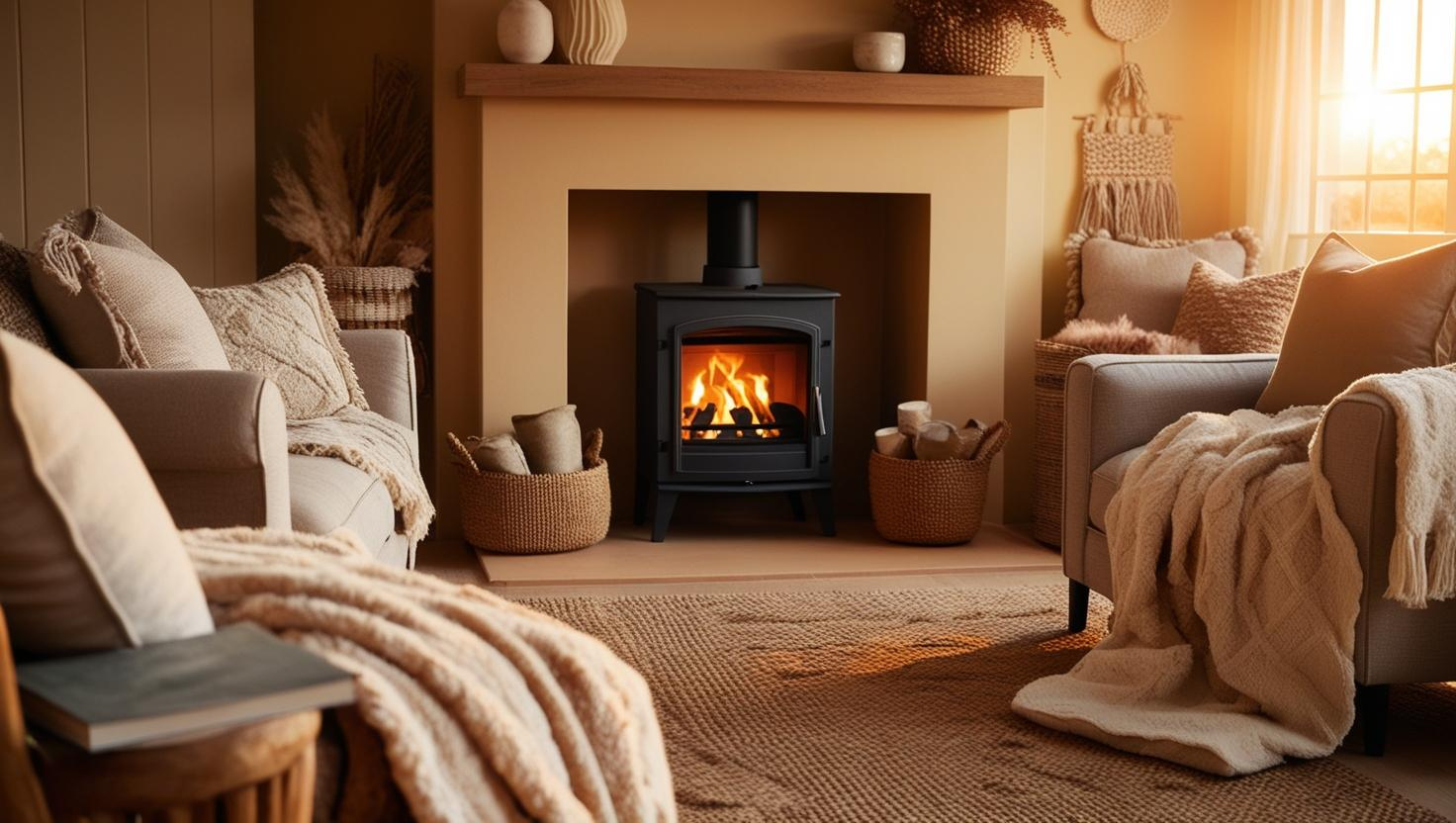 Warm and cosy living room with a lit wood burning stove and neutral coloured furnishings.