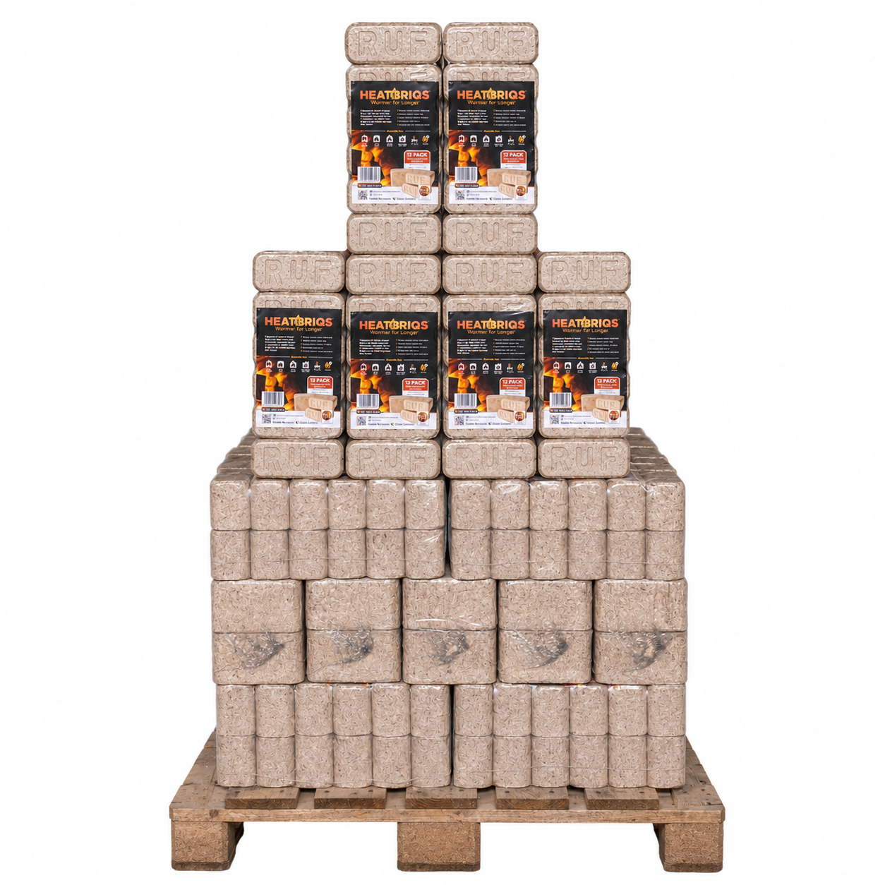 Wooden pallet containing 48 packs of 12 firewood briquettes.