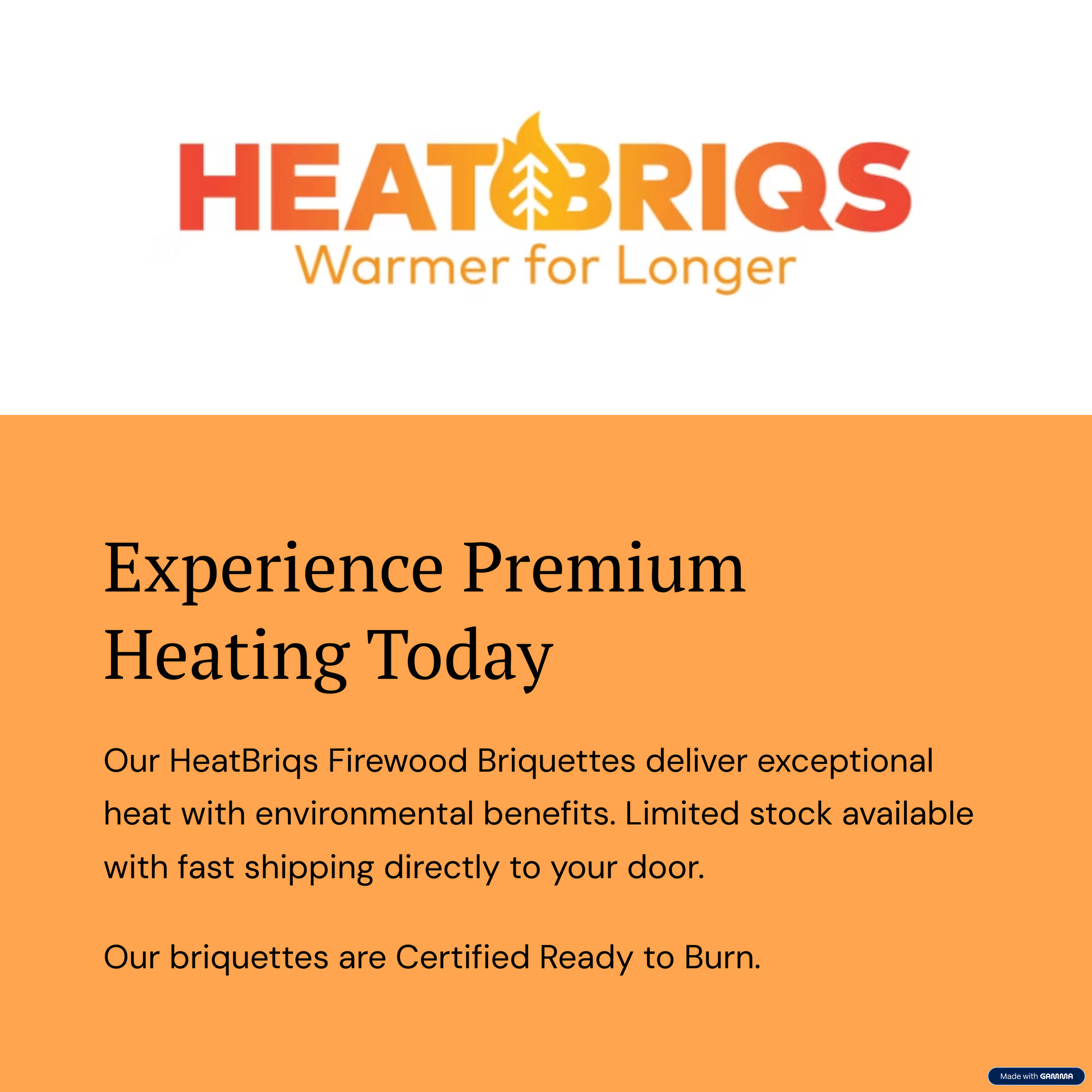Advertisement for HeatBriqs firewood briquettes with branding and promotional text on a white and orange background.