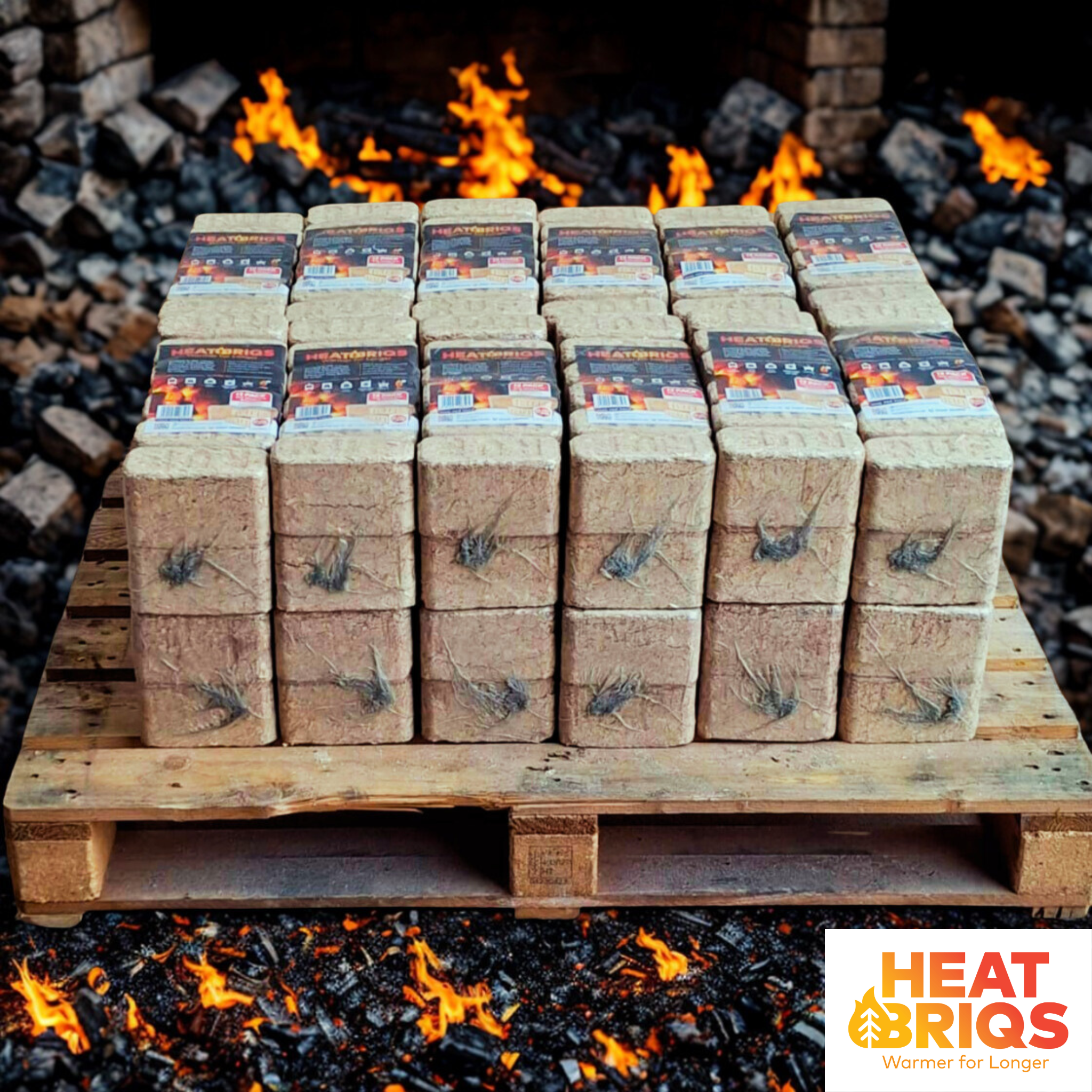 Quarter pallet of HeatBriqs Firewood Briquettes with fire and flames in the background.