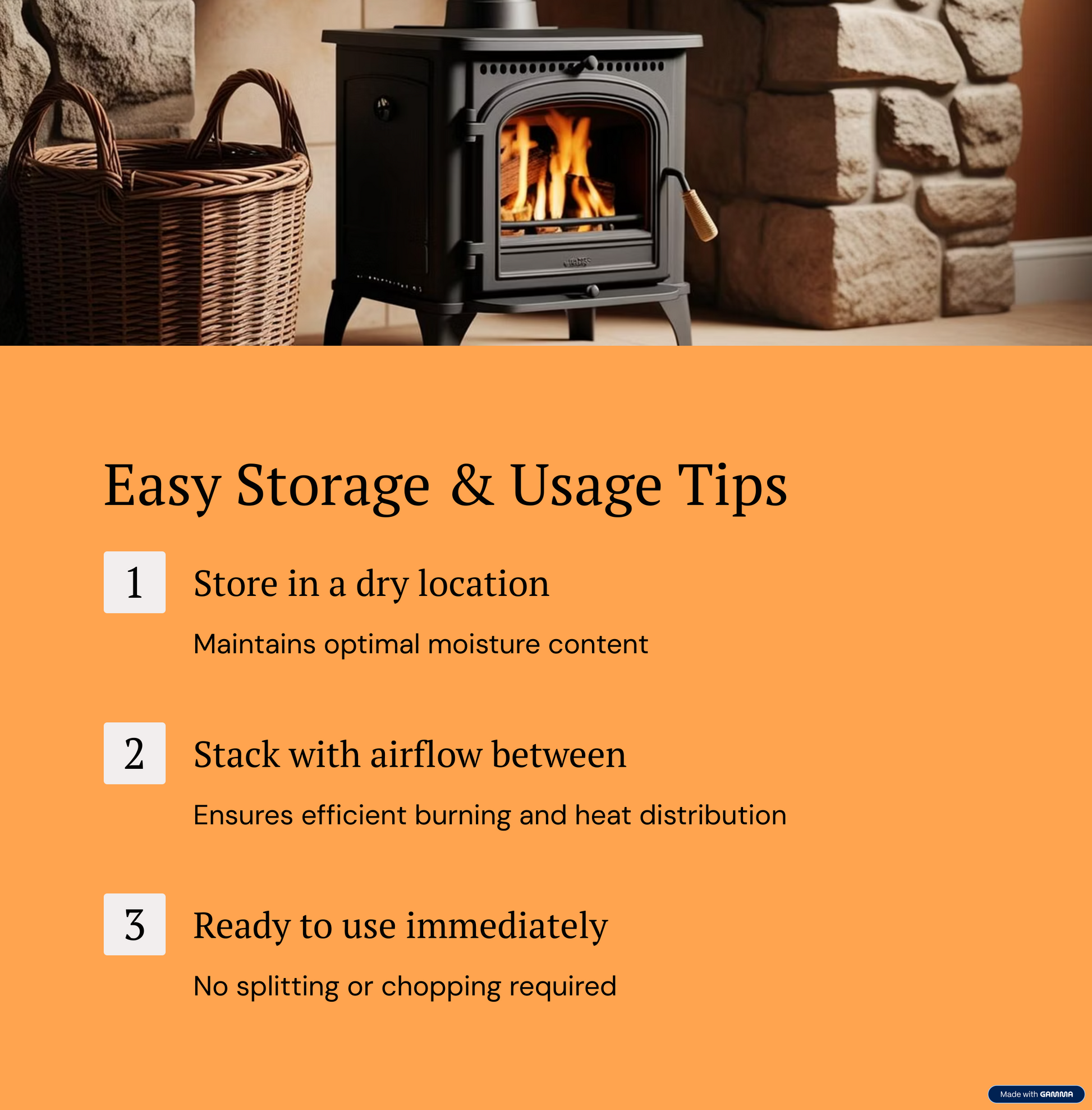 Wood stove with fire burning inside, surrounded by stone wall and basket, with text on storage and usage tips.