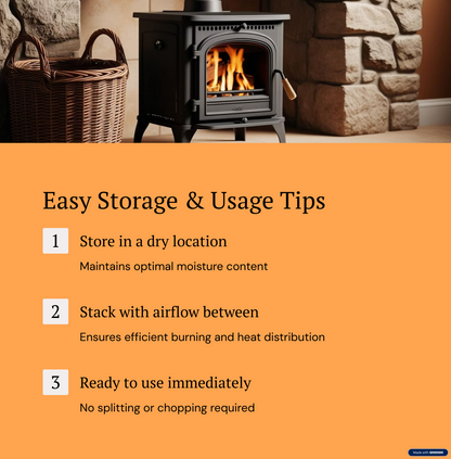 Wood stove with fire burning inside, surrounded by stone wall and basket, with text on storage and usage tips.
