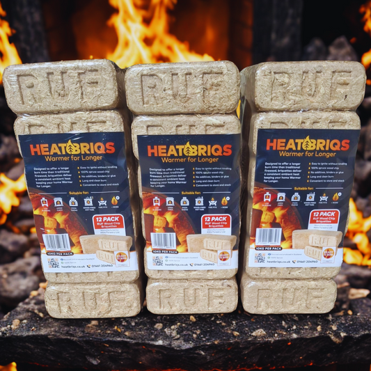 Three packs of HeatBriqs Firewood Briquettes with fire and flames in the background.