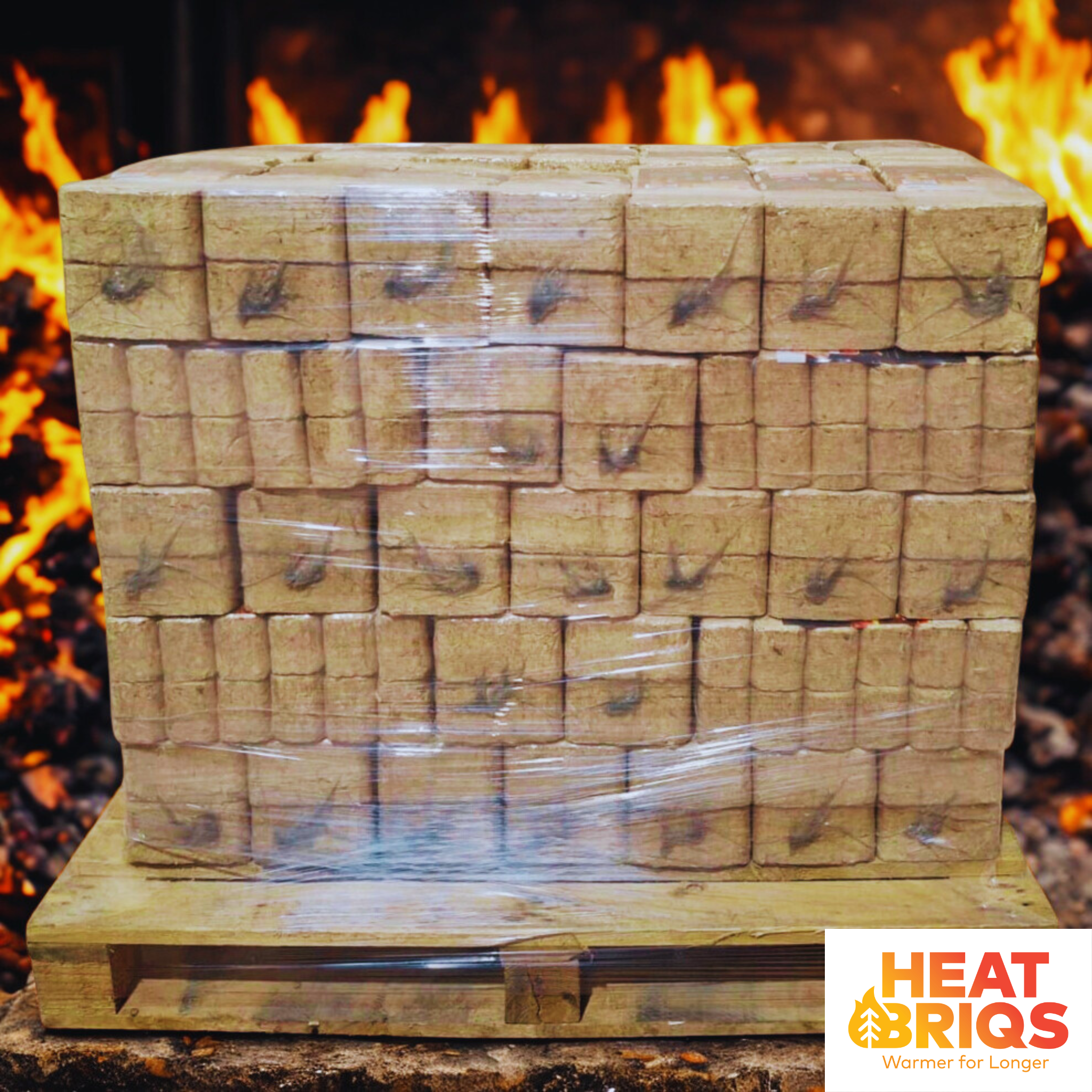 Three quarter size pallet of HeatBriqs Firewood briquettes with flames in the background.