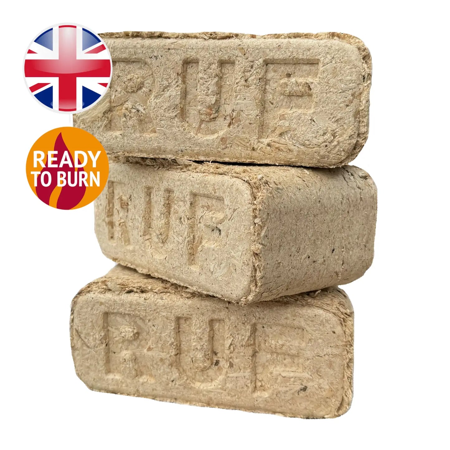 Three stacked firewood logs with 'RUF' branding and a 'Ready to Burn' label on a white background.