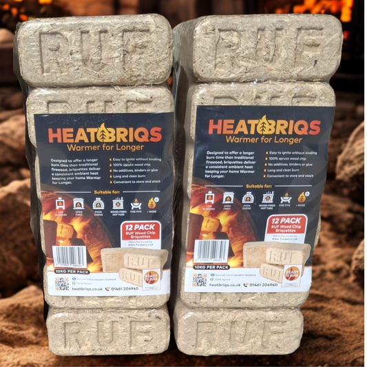 Two packs of HeatBriqs Firewood Briquettes with fire and flames in the background.