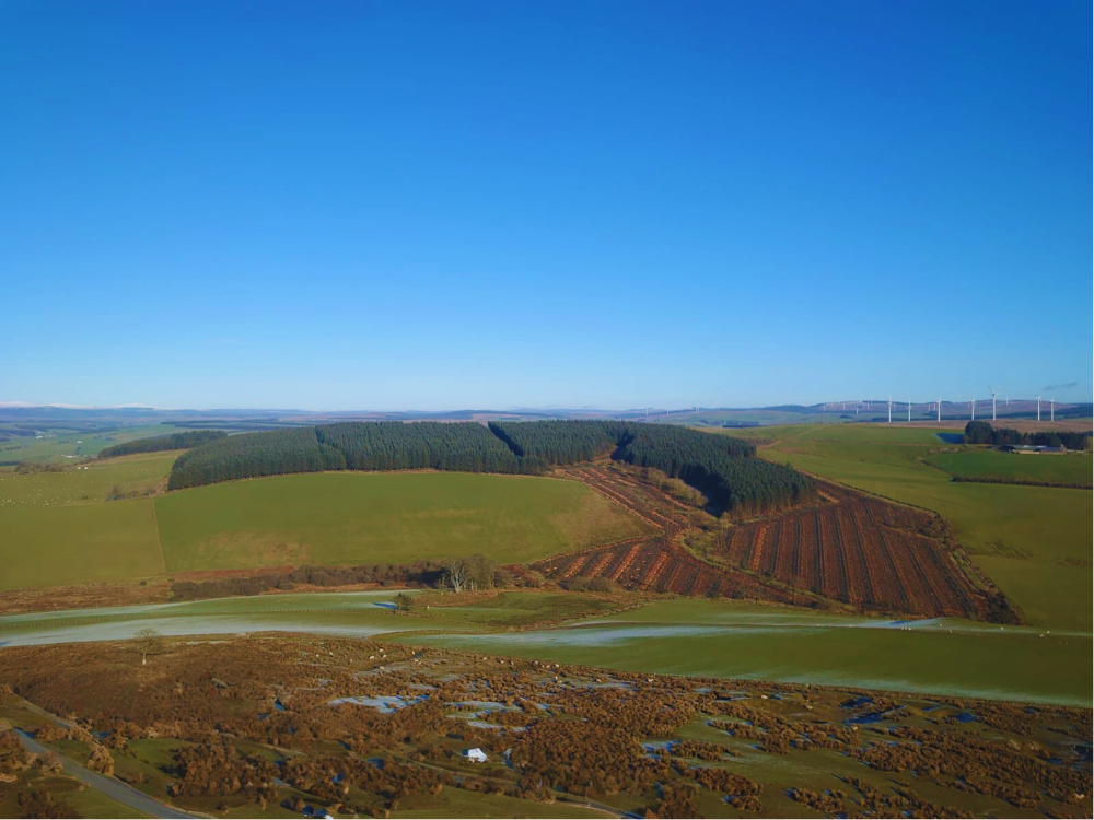 Aerial view of a rural landscape with fields and a clear blue sky.