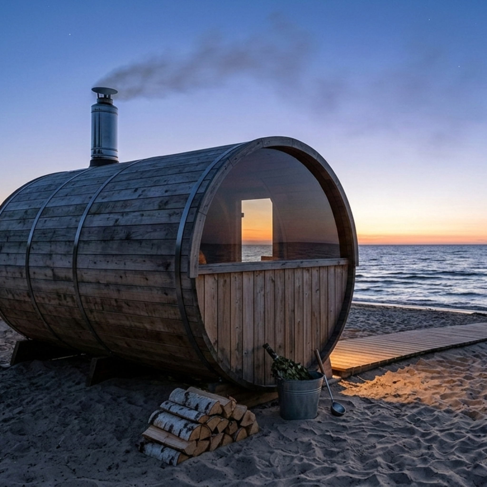 Wooden barrel sauna on a beach with sunset in the background
