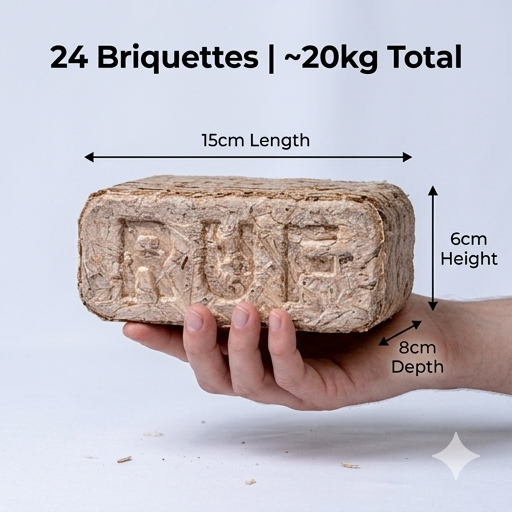 Hand holding a brick-shaped briquette with dimensions labeled on a white background