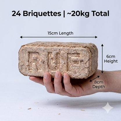 Hand holding a brick-shaped briquette with dimensions labeled on a white background