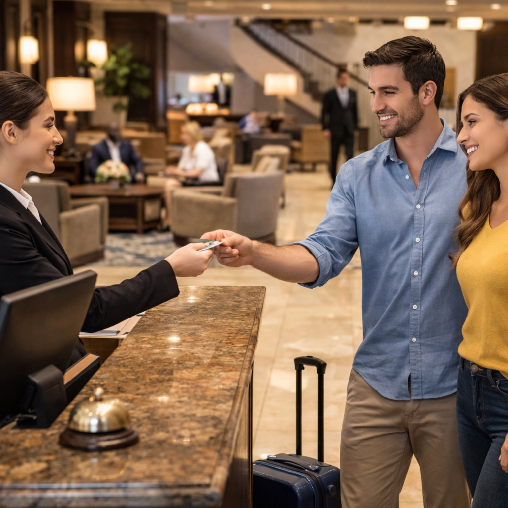 Hotel receptionist checking in a couple with a suitcase in a lobby.