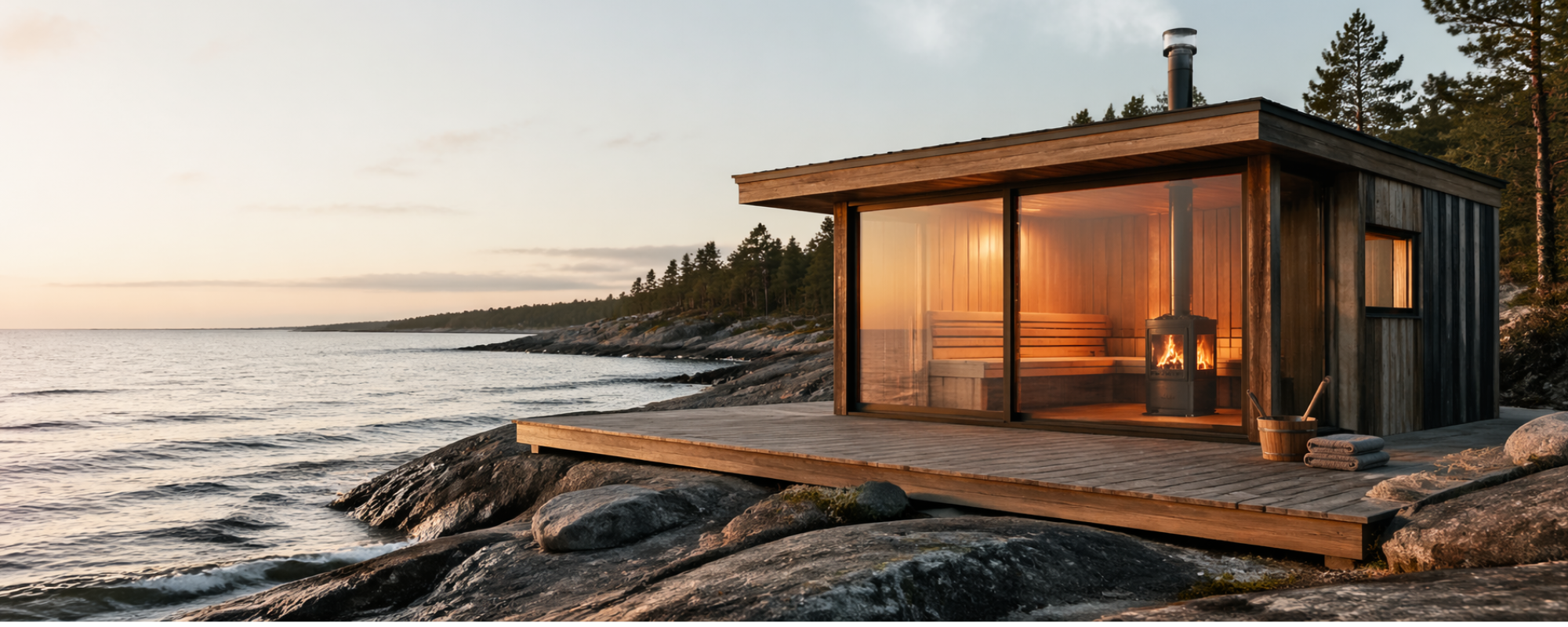 Modern cabin by the ocean with a wooden deck and glass windows. Log burner burning Heatbriqs briquettes.