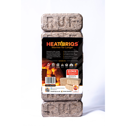 Pack of HeatBriqs with branding and product details on a white background