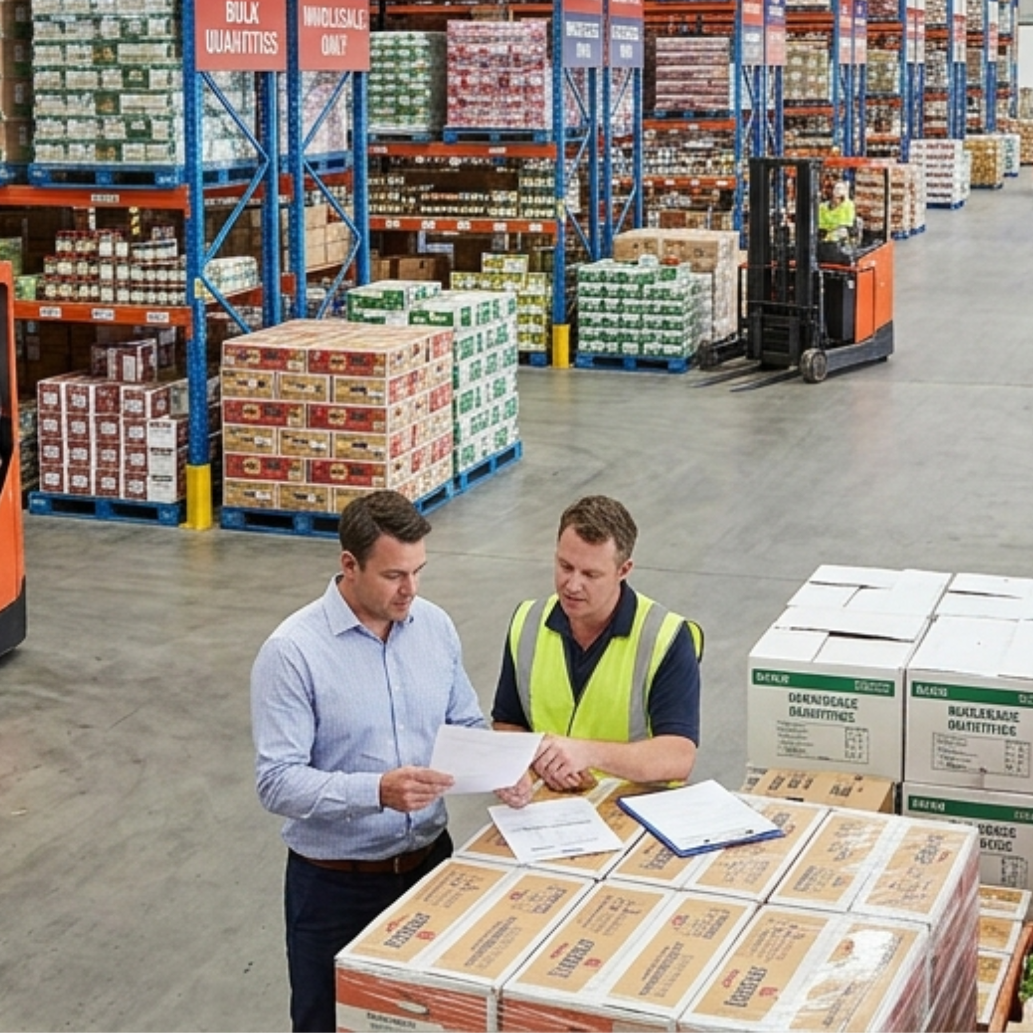 Warehouse scene featuring two people looking at stocks.