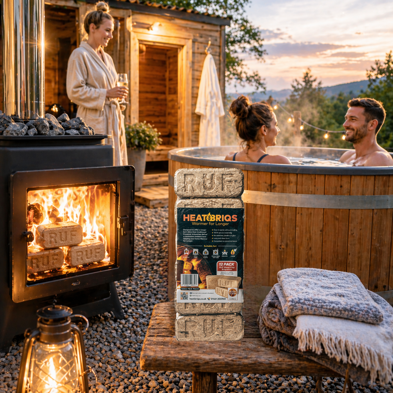 People relaxing in a hot tub with a fire pit and HeatBriqs product in the foreground.