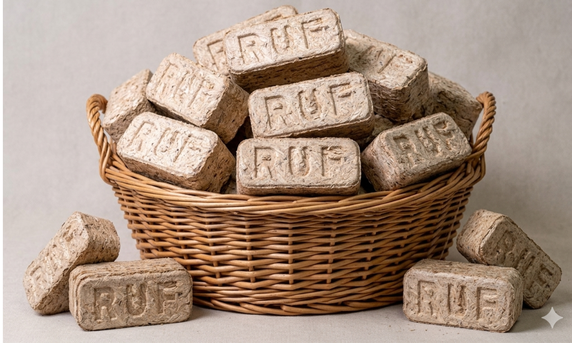 A wicker basket containing HeatBriqs Firewood Briquettes.
